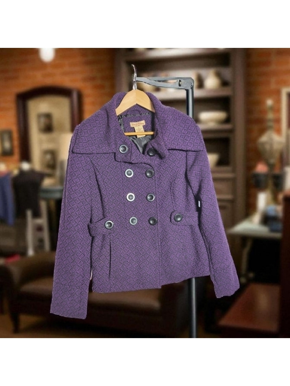 Paris Blues Textured Purple Pea Coat Double Button Sz L